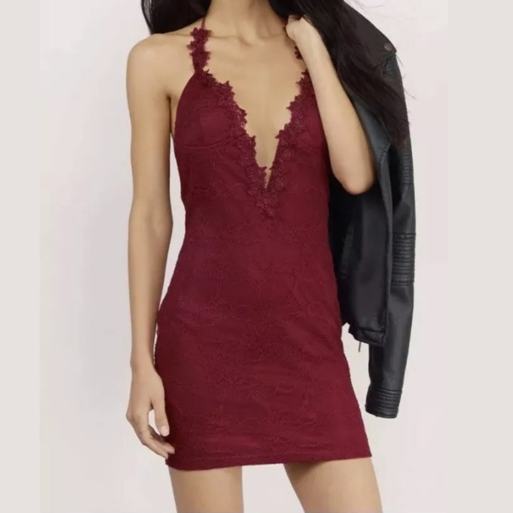 Burgundy deep V and open back dress